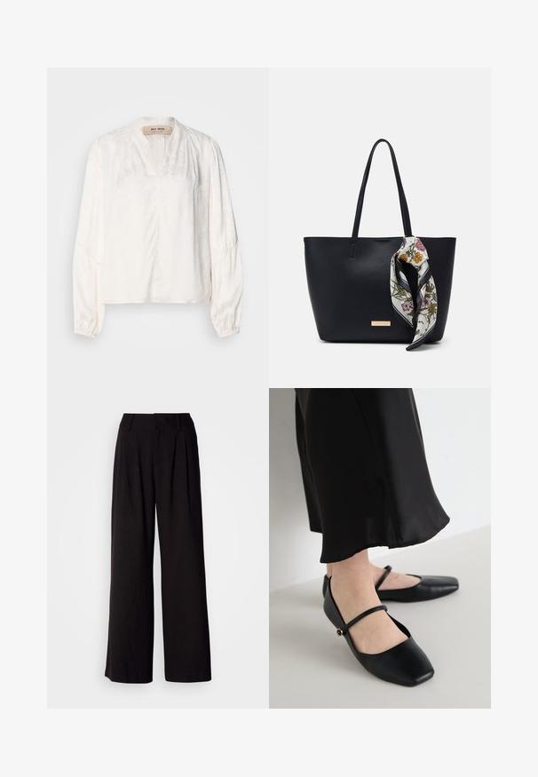 Blouse blanche avec un décolleté en V, des manches bouffantes longues et un motif floral subtil. Fabriquée en tissu léger avec une texture lisse et douce.; Pantalon large noir en tissu lisse, avec des plis à l'avant, une taille ajustée, et sans motifs ni accents visibles.; Chaussures plates noires avec un design à bout carré, fabriquées en cuir lisse, dotées d'une seule sangle sur le pied, avec un petit accent décoratif.; Sac fourre-tout en cuir noir avec deux poignées, orné d'une écharpe en soie florale attachée à la poignée et d'un accent logo métallique à l'avant.