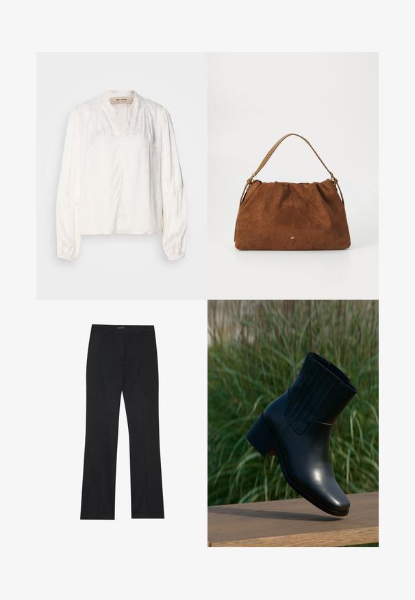 Blouse blanche avec un décolleté en V, des manches bouffantes longues et un motif floral subtil. Fabriquée en tissu léger avec une texture lisse et douce.; Pantalon noir à coupe droite, en tissu lisse et sans motifs visibles. Conçu avec des poches avant classiques et un zip.; Bottine en cuir noir avec un bout arrondi et un talon modeste. Présente des coutures verticales sur le côté, une texture lisse et une silhouette élégante.; Sac à main en daim marron avec un design plissé, arborant une seule sangle en cuir beige et un discret logo doré à l'avant.