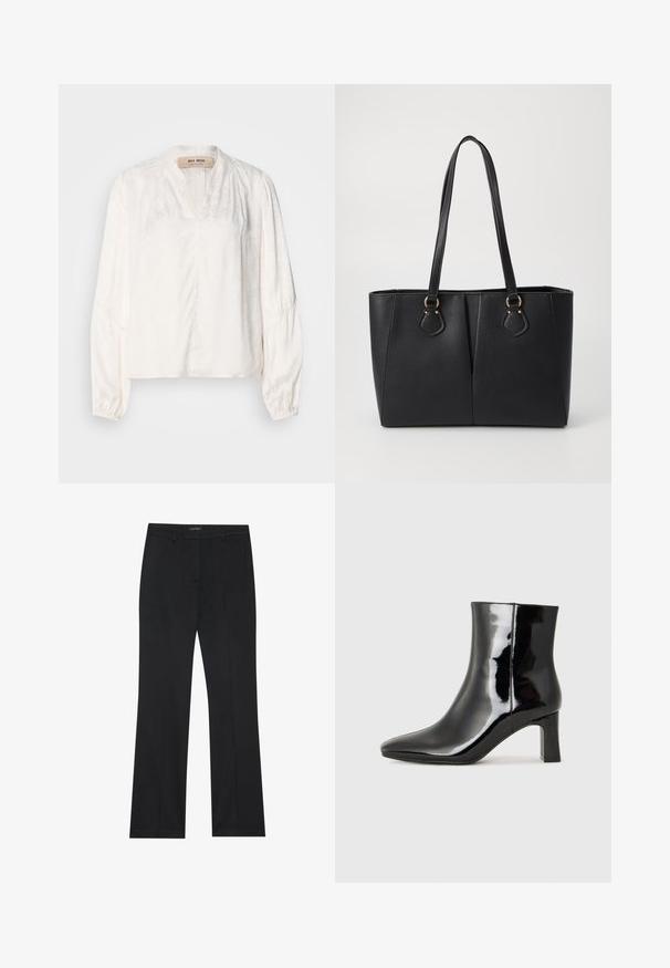 Blouse blanche avec un décolleté en V, des manches bouffantes longues et un motif floral subtil. Fabriquée en tissu léger avec une texture lisse et douce.; Pantalon noir à coupe droite, en tissu lisse et sans motifs visibles. Conçu avec des poches avant classiques et un zip.; Bottines en cuir verni noir avec un bout pointu et un talon block de hauteur moyenne. Texture lisse et design minimaliste.; Sac fourre-tout noir en simili cuir avec une finition texturée, deux longues poignées et des accents en métal doré sur le côté. Shape rectangulaire.