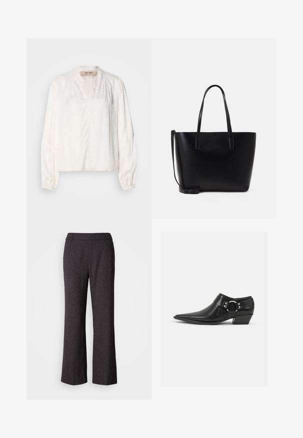 Blouse blanche avec un décolleté en V, des manches bouffantes longues et un motif floral subtil. Fabriquée en tissu léger avec une texture lisse et douce.; Mos Mosh SVALA - Pantalon classique - black; Bottines en cuir noir avec un bout pointu, présentant une sangle en cuir à l'avant et un détail de boucle en argent, ainsi qu'un petit talon carré.; Sac à dos en cuir noir avec deux longues anses, une forme structurée, une texture lisse et une bandoulière amovible. Détail de marque subtil.