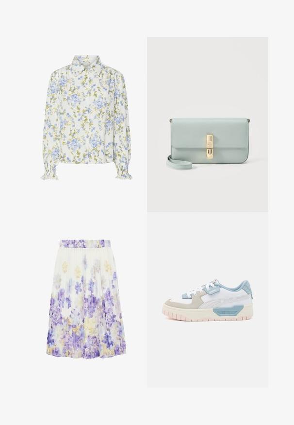 Blusa floral con base blanca, adornada con flores azules y verdes. Diseño con cuello y frontales de botones, con puños con volantes. Mangas largas.; Falda blanca plisada con un patrón floral en tonos morados, azules y amarillo pálido, con una cintura elástica.; Zapatillas con una parte superior de cuero blanco, acentos en azul claro, paneles de ante beige y una suela de goma texturizada en rosa; logo bordado en el costado.; Bolso de mano de cuero azul claro con cierre rectangular dorado y correa de muñeca desmontable sobre fondo blanco.