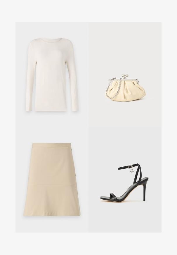 Dlhý rukáv košeľa v off-white farbe, vyrobená z mäkkého materiálu, s okrúhlym výstrihom a jednoduchým, priliehavým strihom. Hladká textúra, bez vzorov.; Bežová sukňa s rozšíreným strihom, hladkou textúrou a horizontálnym švom okolo strednej časti. Obsahuje bočný zips.; Čierna sandála na vysokom opätku s úzkym remienkom okolo členka, štvorcovou špičkou, hladkým koženým materiálom a kovovým zapínaním.; Zhlý béžový kožený klobúk so strieborným kovovým rámom, ktorý má dve okrúhle dekoratívne zámky a strieborný reťazový popruh.
