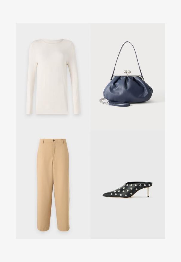 Dlhý rukáv košeľa v off-white farbe, vyrobená z mäkkého materiálu, s okrúhlym výstrihom a jednoduchým, priliehavým strihom. Hladká textúra, bez vzorov.; CLOSED WRENNA - Nohavice - urban beige; STAND STUDIO KELSEY - Šľapky na opätku - black; Mäkká námornícky modrá kožená kabelka so strieborným zapínaním, jedným ramenným popruhom a odnímateľným reťazovým náramkom na bielom pozadí.
