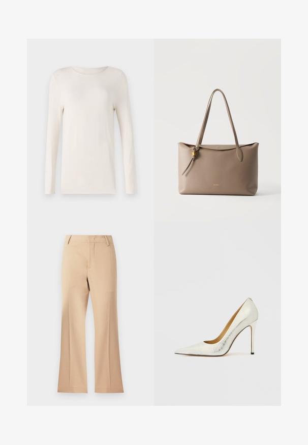Langermet skjorte i off-white, lavet af blødt materiale, med rund halsudskæring og et enkelt, tætsiddende design. Glat tekstur, ingen mønstre.; Beige brede bukser med en glat tekstur, der har en mid-rise talje og rene frontfolder. Simpel design, ingen synlige udsmykninger.; Hvid læderhøjhælet sko med spids tå og tekstureret finish. Har en slank stiletthæl og en glat indvendig foring.; Taupe lædertaske med lange håndtag og en lille guldlås detalje på siden mod en ensfarvet hvid baggrund.