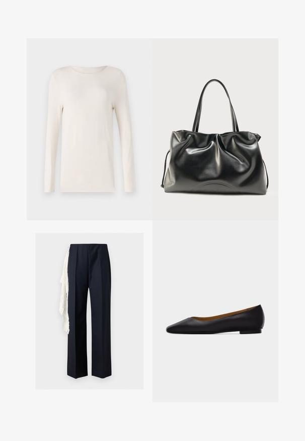 Langermet skjorte i off-white, lavet af blødt materiale, med rund halsudskæring og et enkelt, tætsiddende design. Glat tekstur, ingen mønstre.; Sorte bukser med lige ben og høj talje, med et hvidt blonder tørklæde hængende på venstre side.; Sort læder flad sko med spids tå, lav hæl og glat finish, vist fra siden på en lysegrå baggrund.; Sort blank lædernet med to skulderstropper og en let rynket struktur, vist mod en ensfarvet lys baggrund.