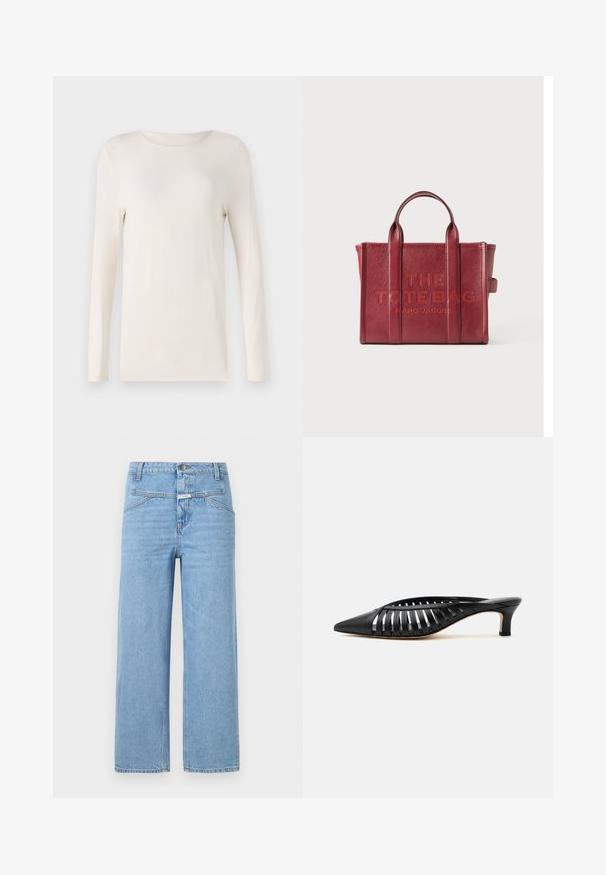 Langemouws-shirt in off-white, gemaakt van zacht materiaal, met een ronde hals en een eenvoudig, getailleerd ontwerp. Gladde textuur, geen patronen.; CLOSED STOVER - Relaxed fit jeans - light blue; Zwarte leren mule met puntige neus, riemdesign met uitsnijdingen en lage kittenhiel op een witte achtergrond.; Rode leren tote bag met dubbele handvaten en "THE TOTE BAG MARC JACOBS" geperst op het midden van de voorkant.