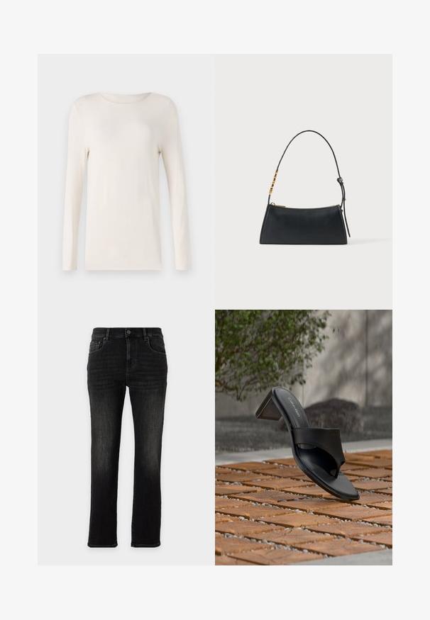Langermet skjorte i off-white, lavet af blødt materiale, med rund halsudskæring og et enkelt, tætsiddende design. Glat tekstur, ingen mønstre.; Sorte jeans med lige ben, klassisk fem-lomme-design og knaplukning på en ensfarvet baggrund.; Sort Calvin Klein hælet sandal med tå-loop på trægulv udendørs nær et træ og en stenmur.; Sort læderhåndtaske med en guldlås og justerbar rem med gyldne rektangulære detaljer på en hvid baggrund.