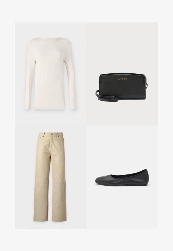 Dlhý rukáv košeľa v off-white farbe, vyrobená z mäkkého materiálu, s okrúhlym výstrihom a jednoduchým, priliehavým strihom. Hladká textúra, bez vzorov.; Béžové nohavice s širokými nohavicami, predným zapínaním na gombík a zips, pútkami na opasok a dvoma prednými vreckami, zobrazené na bielom pozadí.; Čierne kožené baleríny s okrúhlou špičkou, hladkým povrchom, minimálnym prešívaním a flexibilným dizajnom podrážky.; Čierna kožená kabelka cez rameno s textúrovaným povrchom, zdobená zlatým logom a odnímateľným remienkom pre väčšiu všestrannosť.