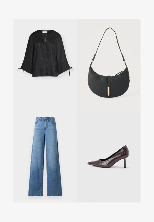 Blouse en lin noir avec manches larges trois-quarts, fente en V et liens aux poignets, présentée sur fond blanc.; Jean large taille haute bleu clair avec bouton et fermeture éclair à l'avant, poches avant et arrière, et légère décoloration sur les cuisses.; Escarpins à bout pointu en similicuir marron avec une texture crocodile, dotés d’un talon fin et angulaire ainsi que d’une doublure intérieure lisse.; Sac à main noir en forme de croissant avec une bandoulière unique, une fermeture éclair dorée et une languette décorative rectangulaire dorée à l'avant.