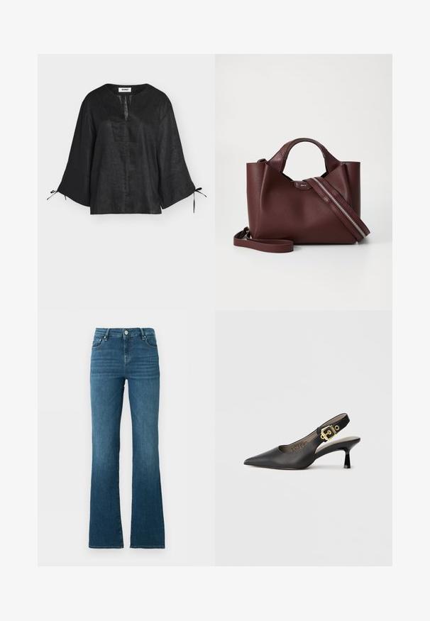 Blouse en lin noir avec manches larges trois-quarts, fente en V et liens aux poignets, présentée sur fond blanc.; Jean en denim bleu taille haute avec une jambe droite légèrement évasée, bouton devant, fermeture éclair et style cinq poches sur fond uni.; Chaussure à talon haut noire à bride arrière, avec un bout pointu, une texture en cuir lisse et une accent de boucle dorée sur la bride.; Sac à main en cuir bordeaux avec une finition texturée, deux poignées courtes et une bandoulière amovible dotée d'un détail de fermeture éclair en argent.