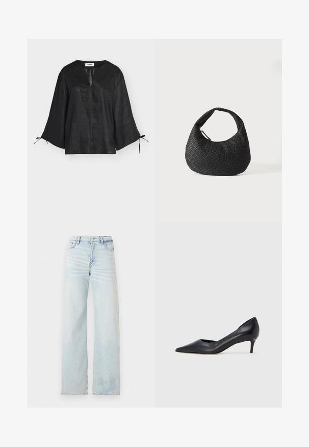 Blouse en lin noir avec manches larges trois-quarts, fente en V et liens aux poignets, présentée sur fond blanc.; Jean en denim délavé clair à taille haute avec jambes droites, poches avant, fermeture par bouton et détails discrets d'estompage.; Escarpin en cuir noir avec un bout pointu et un talon bas. Présente une texture lisse et un éclat subtil. Découpe ouverte à l'avant pour un détail supplémentaire.; Sac à main en cuir tressé noir avec une poignée courbée et un corps en forme de croissant, présenté sur un fond blanc uni.