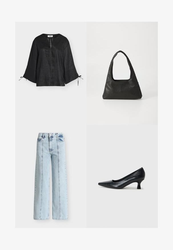 Blouse en lin noir avec manches larges trois-quarts, fente en V et liens aux poignets, présentée sur fond blanc.; Jean bleu clair taille haute à jambes droites, coutures verticales à l'avant, passants de ceinture, bouton devant et poches sur fond uni.; Pompe en cuir noir avec un bout pointu et un petit talon carré. Texture lisse, lignes épurées, design simple sans motifs ni ornements visibles.; Sac à main en cuir noir de forme triangulaire, avec une grande poignée découpée et des coutures détaillées le long des bords. Texture lisse.