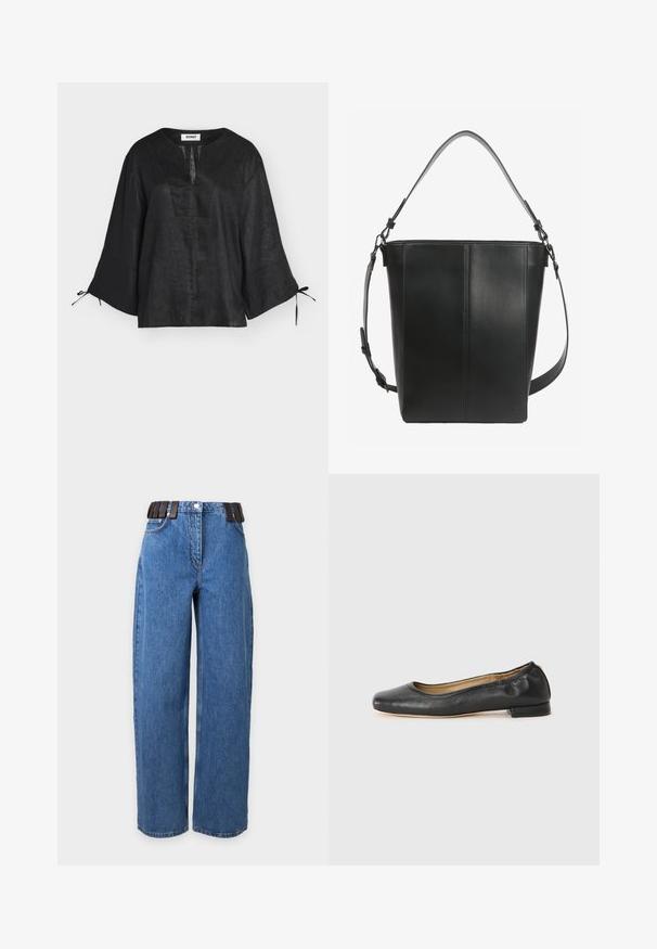 Blouse en lin noir avec manches larges trois-quarts, fente en V et liens aux poignets, présentée sur fond blanc.; Jean bleu droit avec poches latérales, fermeture à boutons sur le devant, et ceinture élastique noire à motif rayé.; Ballerines en cuir noir avec un bout arrondi et des coutures minimales. Talon bas et rectangulaire avec une texture lisse. Détails subtils de doublure intérieure.; Sac seau en cuir noir avec deux bretelles réglables et des détails de couture minimalistes sur un fond uni.
