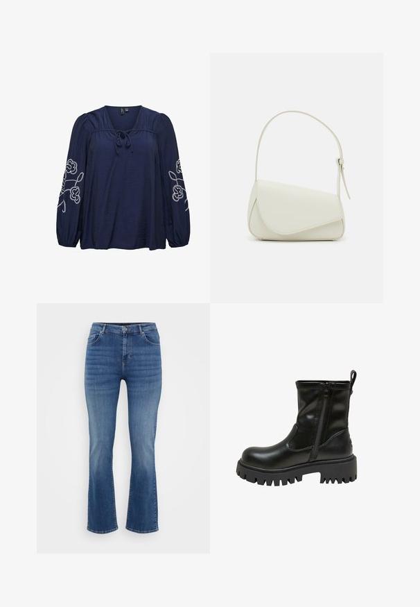 Blouse bleu marine avec manches longues bouffantes, broderie florale blanche sur les manches, encolure froncée et détail noué à l'avant.; ONLY Carmakoma Straight fit CARWILLY Mid waist - Jean droit - dark blue denim; Botte en cuir noire mi-mollet avec semelle à crampons épaisse, fermeture éclair latérale, languette à l'arrière et nom de la marque embossé sur le bord de la semelle.; Sac à main en cuir synthétique blanc avec une forme triangulaire structurée, une bandoulière unique réglable et un rabat à courbes accentuées.
