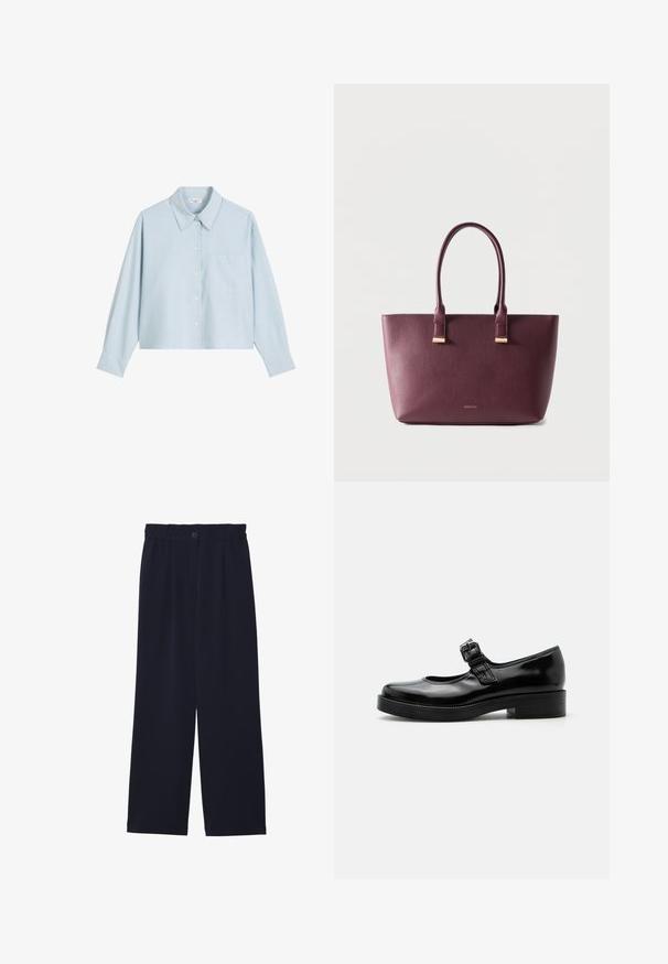 Chemise bleue claire courte à boutons, manches longues, col classique, poche avant et texture de tissu lisse.; Pantalons large bleu marine avec une texture lisse, taille élastique, pli avant unique et fermeture à bouton à la taille.; Chaussure Mary Jane en cuir verni noir avec bout rond, petit talon bloc et bride réglable avec boucle sur le coup de pied.; Sac fourre-tout en cuir violet foncé avec deux poignées et petit logo de marque doré sur le devant, posé sur un fond clair uni.