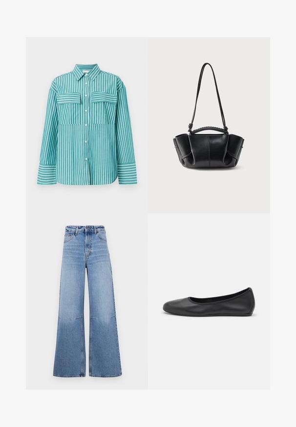Chemise turquoise à boutons avec des rayures blanches verticales. Dotée de deux poches poitrine, d'un col classique et de manches longues avec des poignets rayés.; Jeans en denim bleu clair, avec une coupe large et taille haute, dotés de poches avant et de coutures verticales le long des jambes.; Ballerines en cuir noir avec un bout rond, texture lisse, détails de couture minimalistes et design de semelle flexible.; Sac à main en cuir noir avec une silhouette courbe, des côtés froncés, une anse tressée et une longue bandoulière fine sur fond blanc.