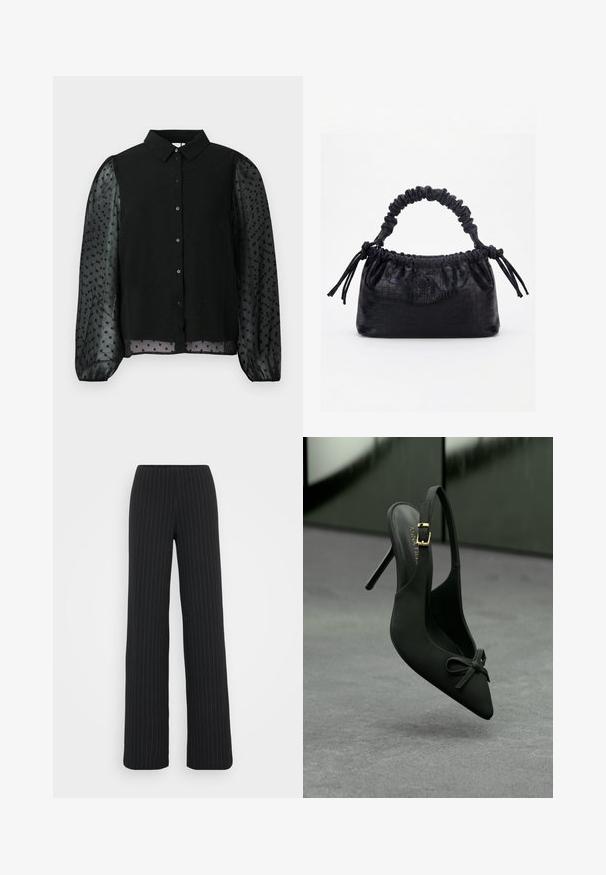 Schwarze Bluse mit einem einfarbigen Oberteil mit strukturierten Punkten und durchsichtigen Puffärmeln. Knopfverschluss vorne, runder Kragen und gesäumte Ärmel.; Vero Moda Tall VMBERLIN MY WIDE - Stoffhose - obsidian/oatmeal; Schwarze Slingback-Pumps mit hohen Absätzen und spitzem Zehenbereich, kleinem Schleifenverzierung vorne und goldener Schnalle am Knöchelriemen, auf einem grauen Hintergrund präsentiert.; Schwarze Handtasche mit Krokodilstruktur, gerafftem oberen Rand, zusammengezogenem Griff und Zugkordeln mit Quasten an jeder Seite vor weißem Hintergrund.