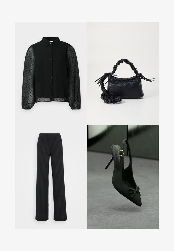 Zwarte blouse met een solide lijfje met gestructureerde stippen en doorzichtige pofmouwen. Knopenluiting aan de voorkant, ronde kraagontwerp en afgewerkte mouwen.; Vero Moda Tall VMBERLIN MY WIDE - Broek - obsidian/oatmeal; Zwarte slingbackhoge hak schoen met puntige neus, kleine strik aan de voorkant en gouden gesp op het enkelbandje, tentoongesteld tegen een grijze achtergrond.; Zwarte nepleer handtas met een krokodillenstructuur, opgedroogde bovenkant en een gekreukte hengsel. Het lijkt zacht en compact van ontwerp.