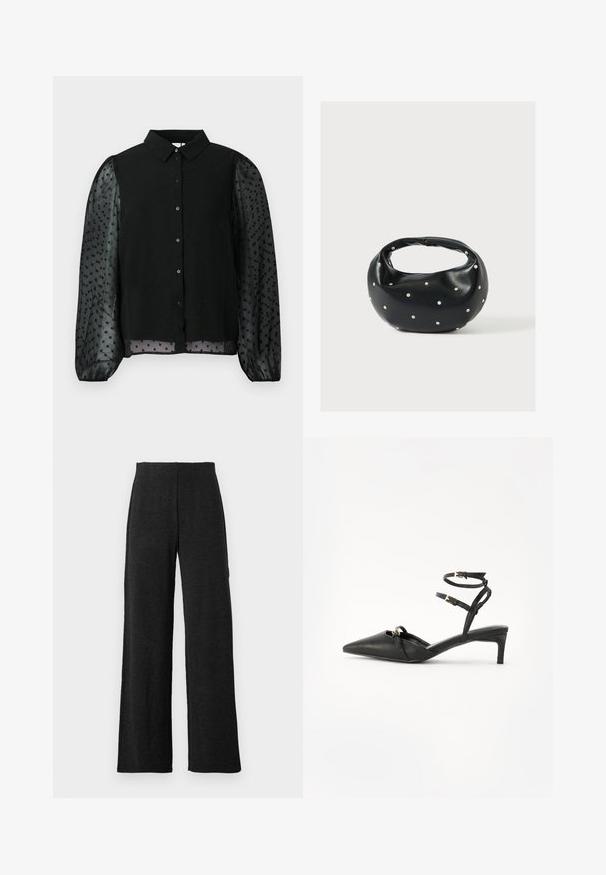 Schwarze Bluse mit einem einfarbigen Oberteil mit strukturierten Punkten und durchsichtigen Puffärmeln. Knopfverschluss vorne, runder Kragen und gesäumte Ärmel.; Schwarze weit geschnittene Hose mit hoher Taille und geraden Nähten, präsentiert vor einem weißen Hintergrund.; Schwarze Leder-Slingback-Pumps mit spitzem Zehenbereich, dünnen Knöchelriemen, goldfarbenen Hardware-Akzenten und einem schmalen Absatz. Glatte Textur und minimalistisches Design.; Schwarze Lederhandtasche mit abgerundeter Form, verziert mit silbernen Nietenakzenten und kurzem Griff. Glatte Struktur und Reißverschlussverschluss.