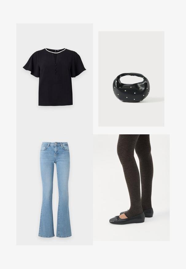 Haut noir à manches courtes en tissu texturé, col rond et trois boutons sur le devant. Bordé d'un contraste blanc.; Jean évasé bleu clair à taille haute, fabriqué en denim. Comprend cinq poches et un fermoir à bouton. Texture lisse avec un léger délavage.; Jambes portant des leggings côtelés foncés associés à des ballerines noires avec de petits détails en nœud sur fond blanc.; Sac à main en cuir noir de forme arrondie, décoré de clous argentés et équipé d'une poignée courte. Texture lisse et fermeture éclair.