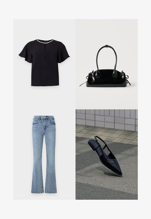 Haut noir à manches courtes en tissu texturé, col rond et trois boutons sur le devant. Bordé d'un contraste blanc.; Jeans en denim bleu clair avec une taille haute, un bouton et une fermeture éclair à l'avant, cinq poches et des jambes légèrement évasées.; Chaussure plate noire à bout pointu avec bride arrière, flottant au-dessus d'une surface en bitume à côté d'un trottoir carrelé.; Petit sac à main noir brillant avec deux longues anses et des détails à cordon sur les côtés sur un fond clair uni.