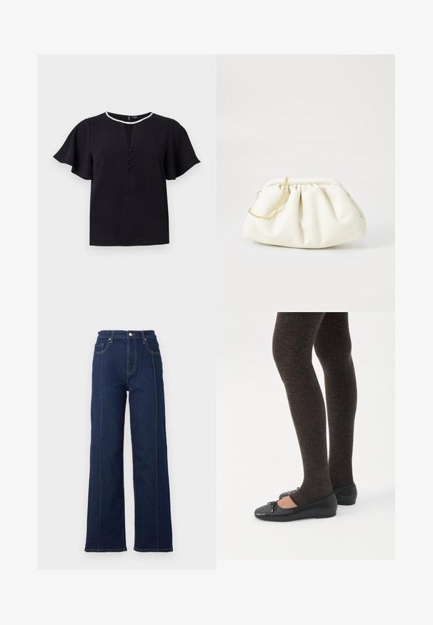Top negro de manga corta con una tela texturizada, escote redondeado y tres botones en la parte delantera. Ribeteado con un borde blanco en contraste.; Jeans de mezclilla de corte ancho en color azul oscuro con costuras prominentes, tiro alto y cinco bolsillos. Presenta un cierre frontal con botón y cremallera.; Piernas con leggings oscuros acanalados combinados con bailarinas negras que presentan pequeños detalles de lazo sobre un fondo blanco.; Bolso de mano de cuero blanco con un diseño recogido, cuenta con una cadena dorada y forma redondeada. Textura suave con pliegues suaves y sin patrones.