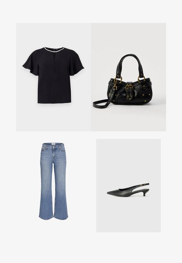 Sort kortærmet top med tekstureret stof, rund halsudskæring og tre knapper foran. Kantet med en kontrasterende hvid kant.; Højtaljede, lyseblå denimjeans med vide bukseben og frontknaplukning.; Sorte spidse slingback-sko lavet af glat læder. Har en tynd hæl og en spænde detalje på den justerbare rem.; Sort læderhåndtaske med guldbælge og nitdetaljer, korte håndtag og en justerbar skulderrem på en ensfarvet hvid baggrund.