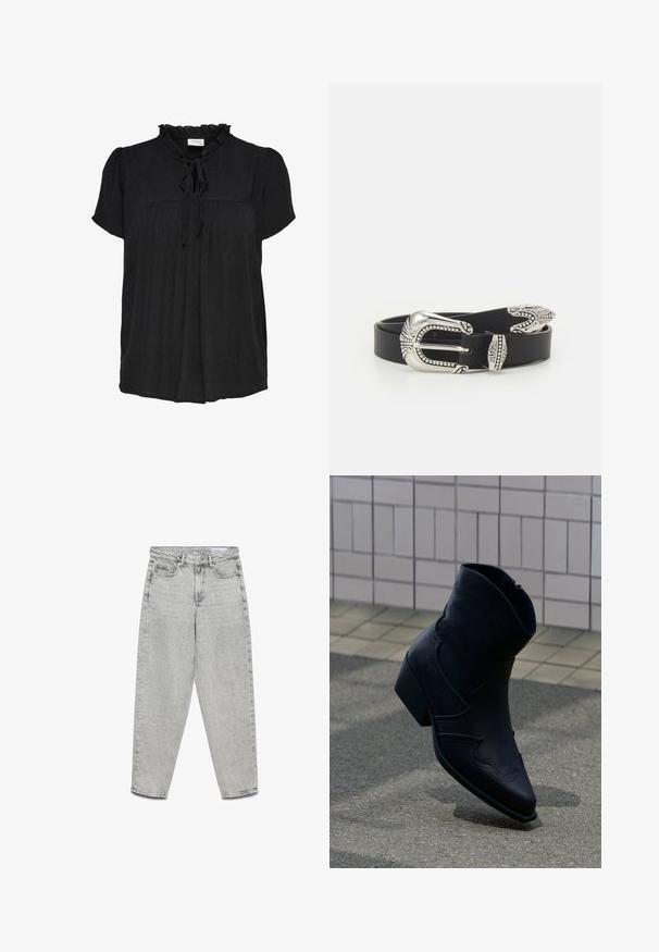 Zwarte kortermige blouse met een gerimpelde halslijn en strikdetail. Heeft een gestructureerd stippenpatroon en een geplooid voorkantontwerp. Zachte stof.; Lichtgrijze jeans met hoge taille en rechte pijpen, voorzakken, riemlussen en een ritssluiting.; Zwarte leren enkellaars met lage hak, decoratieve stiksels en puntige neus, rechtop geplaatst op een betegelde ondergrond naast een betegelde muur.; Zwarte leren riem met een grote zilveren metalen gesp met ingewikkelde details en decoratieve accenten aan beide uiteinden.