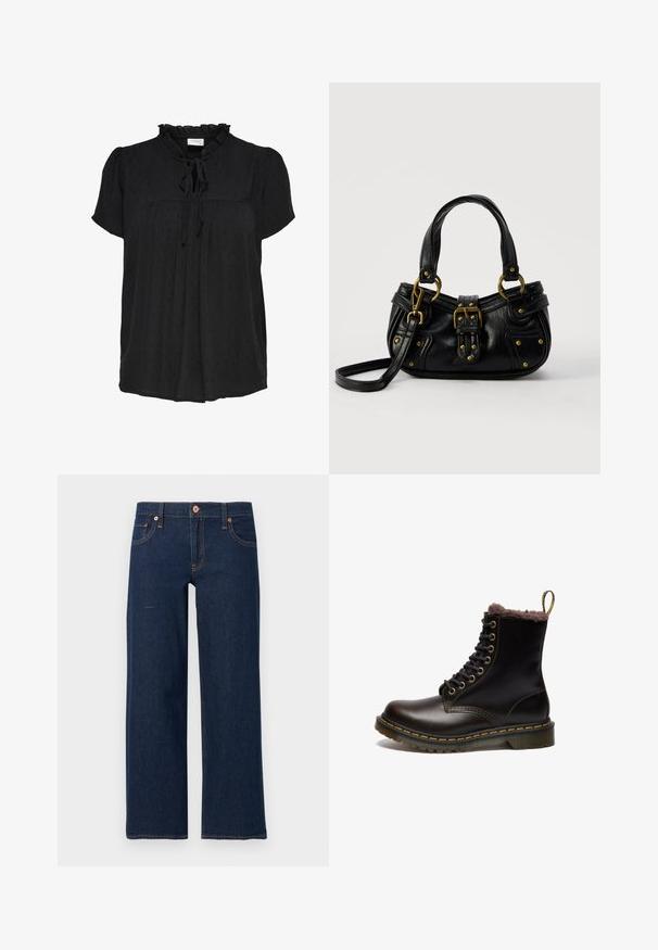 Blusa negra de manga corta con escote con volantes y detalle de lazo. Presenta un patrón de puntos texturizados y un diseño de pliegues en el frente. Tejido suave.; Vaqueros de pierna recta en azul oscuro con botón y cremallera delanteros, cinco bolsillos y costuras visibles en naranja sobre un fondo gris.; Botín negro de cuero hasta el tobillo con forro de piel de fur, puntera redonda, parte delantera con cordones, ojales dorados y costura amarilla a lo largo de la suela y el borde.; Bolso de cuero negro con hebilla y detalles de remaches dorados, asas cortas y una correa de hombro ajustable sobre un fondo blanco liso.