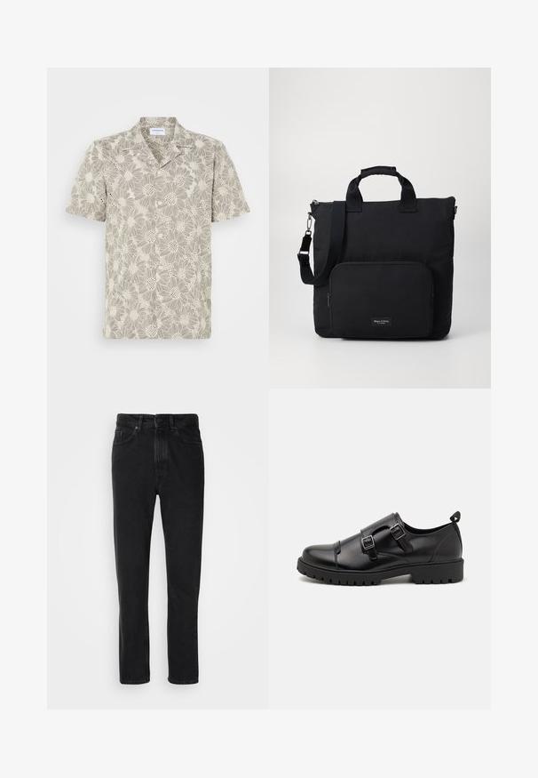Kurzarmhemd in hellem Beige mit floralem Spitzenmuster, Knöpfen vorne und klassischem Kragendesign.; Schwarze Denim-Jeans mit geradem Beinschnitt, ausgestattet mit einem Knopf- und Reißverschluss, Fronttaschen und subtiler Textur.; Pier One by Zalando Business-Slipper - black; Schwarze Nylontasche mit zwei kurzen Griffen, einem abnehmbaren Schultergurt und einer vorderen Reißverschlusstasche. Mit einem Markenlogo-Label.