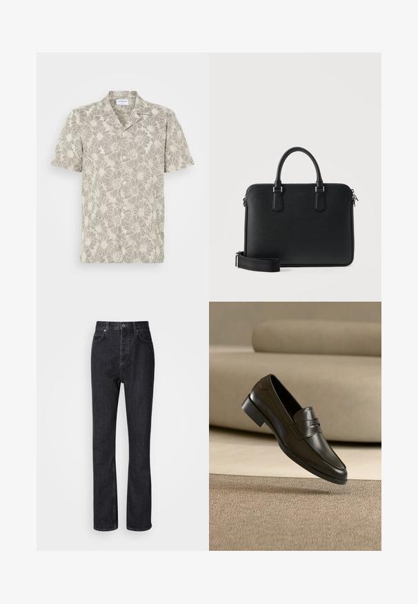 Korteærmet skjorte i lys beige med blomstret blonde mønster, knapper foran og en klassisk kravedesign.; Høj talje sorte denim jeans med knap- og lynlåsåbning, for- og baglommer samt lige ben.; Sort lædersko med slip-on design, svævende over beige tæppe med beige sofa i baggrunden, der fremhæver klassisk herrestil.; Sort læderaktetaske med dobbelte håndtag, aftagelig skulderrem og lynlåslukning i toppen, sat mod en ensartet lys baggrund.