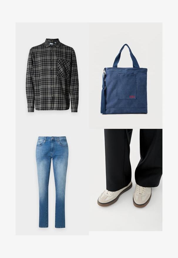 Only & Sons Lumberjack ONSARCHER Lumberjack - Chemise - black; Jean bleu droit avec taille mi-haute, fermeture par bouton et zip, design classique à cinq poches.; Pieds portant des baskets beige avec des semelles marron et un pantalon noir à jambes larges sur fond blanc.; Sac fourre-tout en toile bleue avec poche frontale et broderie rouge "O.N.S", doté de doubles poignées et d'une bandoulière réglable.