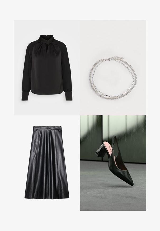 Zwart satijnen blouse met een hoge kraag, geplooide details bij de hals en lange mouwen met aansluitende manchetten. Soepele textuur, minimalistisch ontwerp.; Zwarte leren A-lijn rok met plooien, met een gladde textuur, aansluitende tailleband en zichtbare stiksels. Geen extra accenten.; Zwarte slingback schoen van lakleer met spits toelopende neus en blokhak, zwevend boven een grijs tapijt tegen een groenachtige reflecterende achtergrond.; Zilveren armband met drie strengen: één met kleine kralen, één met ovale schakels en één met platte staven. Bevat een kettingverlenging voor verstelbaarheid.