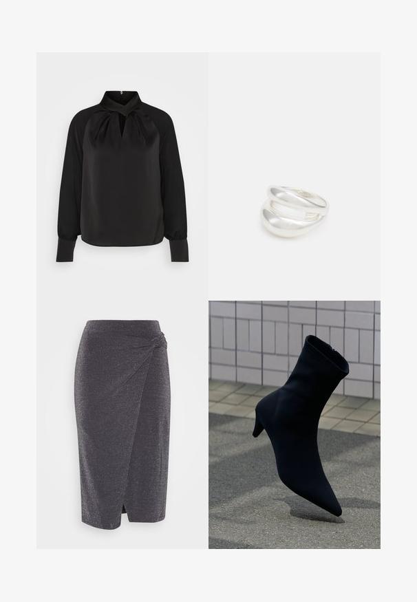 Zwart satijnen blouse met een hoge kraag, geplooide details bij de hals en lange mouwen met aansluitende manchetten. Soepele textuur, minimalistisch ontwerp.; Donkergrijze, knielange kokerrok van een glanzende stof met een gedraaide knoopdetail bij de taille en een zijsplit. Soepele textuur.; Zwarte enkellaars met een puntige neus, strak ontwerp, zacht materiaal en een bescheiden hak. Voorzien van een ritssluiting aan de achterkant.; Zilveren dubbele ring met een gladde, gepolijste oppervlakte. Heeft een vloeiende, gebogen vorm met overlappende secties voor een moderne uitstraling.