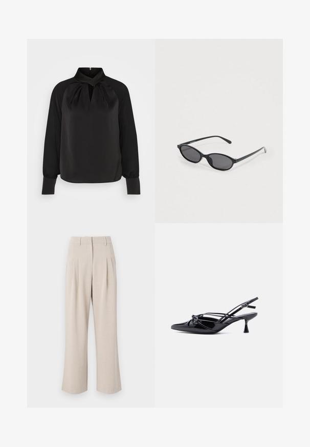 Zwart satijnen blouse met een hoge kraag, geplooide details bij de hals en lange mouwen met aansluitende manchetten. Soepele textuur, minimalistisch ontwerp.; Beige wijde pantalon met een hoge taille, voorzien van plooien aan de voorkant, een gladde textuur en een gestructureerd ontwerp. Geen zichtbare zakken of versieringen.; Zwarte slingback pump van lakleer met een spits toelopende neus, lage kittenhak en decoratieve knoopstrik aan de voorkant.; Zwarte ovale zonnebril met donker getinte glazen, smalle pootjes en subtiele merknaam aan de binnenkant van het linker montuur.