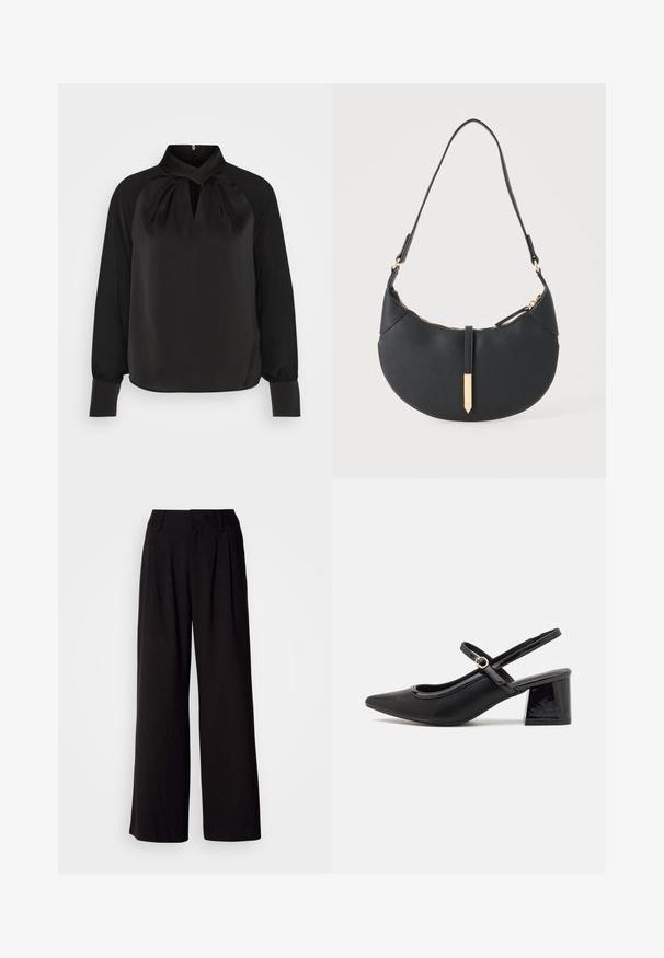 Zwart satijnen blouse met een hoge kraag, geplooide details bij de hals en lange mouwen met aansluitende manchetten. Soepele textuur, minimalistisch ontwerp.; Zwarte wijde broek van soepel stof, met plooien aan de voorkant, een aansluitende tailleband en zonder zichtbare patronen of accenten.; Zwarte gepolijste leren slingback hakken met een spitse neus, een ronde uitsnede en een blokhak. Voorzien van een gouden gespaccent.; Zwarte handtas in halve maanvorm met een enkele band, gouden rits en een gouden rechthoekige decoratieve tab aan de voorkant.