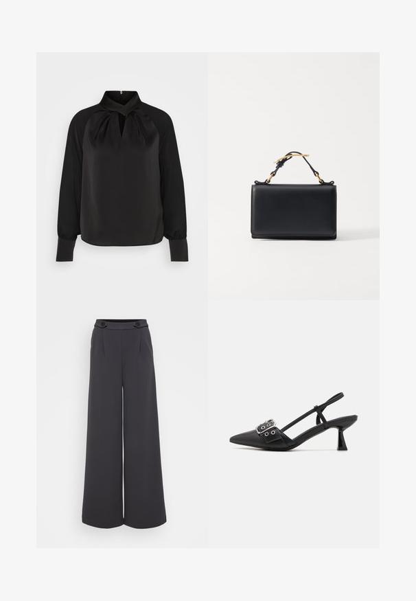 Blouse en satin noir avec un col montant, des détails plissés au niveau du cou, et des manches longues avec des poignets ajustés. Texture lisse, design minimaliste.; Pantalons ample en tissu gris foncé. Caractéristiques des plis à l'avant et deux boutons décoratifs sur la taille. Texture lisse et coupe ajustée.; Simmi London DALA - Escarpins - black; Sac à main en cuir noir de forme rectangulaire, doté d'une anse supérieure et d'accents en métal doré. Texture lisse, design minimaliste.