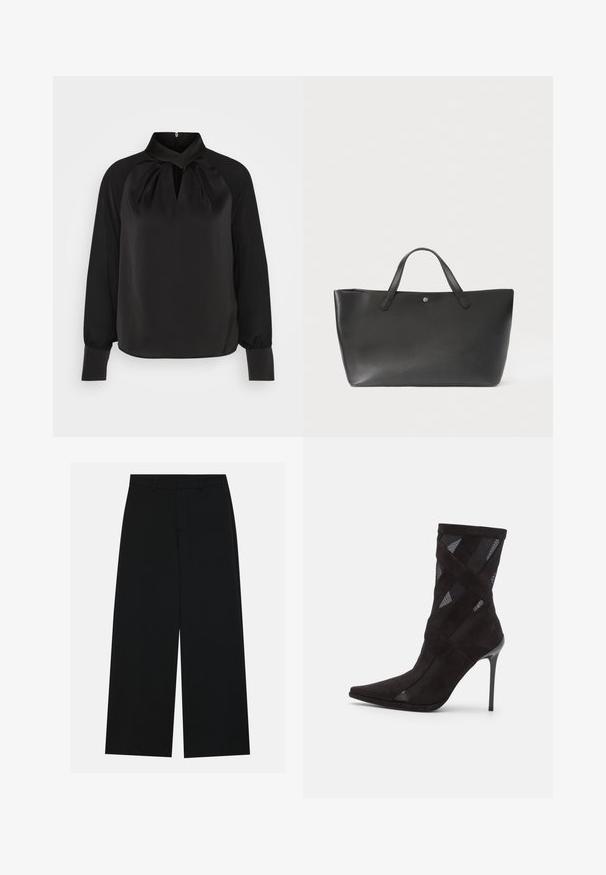 Zwart satijnen blouse met een hoge kraag, geplooide details bij de hals en lange mouwen met aansluitende manchetten. Soepele textuur, minimalistisch ontwerp.; Zwart, wijde broek van een gladde stof. Heeft een plat tailleband met riemlussen en geen zichtbare zakken. Eenvoudig ontwerp.; Jeffrey Campbell STRIPES - Lage laarzen - black; Zwarte leren tote bag met twee handvatten, minimalistisch ontwerp, gladde textuur, met een klein metalen accent aan de voorzijde in het midden.