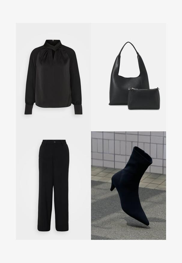 Zwart satijnen blouse met een hoge kraag, geplooide details bij de hals en lange mouwen met aansluitende manchetten. Soepele textuur, minimalistisch ontwerp.; Zwarte wijde broek van een gladde stof. Heeft een tailleband met een knoopsluiting en details van een voornaad.; Zwarte enkellaars met een puntige neus, strak ontwerp, zacht materiaal en een bescheiden hak. Voorzien van een ritssluiting aan de achterkant.; Even&Odd Handtas - black