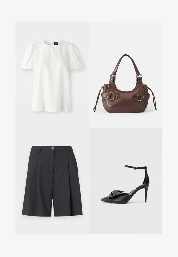 Haut blanc à manches courtes avec un col rond et des manches bouffantes froncées. Présente un bord festonné le long du cou. Tissu doux et texturé.; Shorts gris foncé ajustés avec passants pour ceinture, fermeture par bouton à l'avant et plis, conçus pour un look formel ou professionnel décontracté.; Chaussure à talon noir avec bout pointu, accent de nœud en satin et bride de cheville réglable avec ferrures argentées. Texture en cuir lisse.; Sac à main en cuir marron de forme arrondie, avec quincaillerie argentée, deux anses latérales et une texture lisse. Dispose d'une seule poignée supérieure.