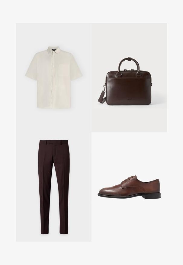 Chemise beige à manches courtes avec boutons, col et poche poitrine, présentée à plat sur un fond clair.; Pantalon habillé slim marron foncé avec passants de ceinture, pli avant, sans poches visibles, présenté sur un fond clair uni.; Chaussure de ville en cuir marron avec une finition lisse, bout arrondi, quatre œillets et un petit talon en caoutchouc noir. Design simple sans motifs.; Serviette en cuir brun foncé avec deux poignées, une bandoulière détachable et un petit logo à l'avant sur un fond uni.