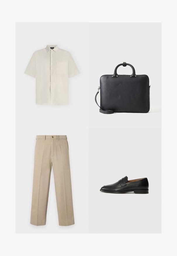 Chemise beige à manches courtes avec boutons, col et poche poitrine, présentée à plat sur un fond clair.; Pantalon beige à jambes droites avec passants pour ceinture, fermeture par bouton et poches avant, présenté sur un fond blanc uni.; Mocassin en cuir noir avec un bout arrondi, des coutures subtiles et un talon bas, présentant une texture lisse et un design minimaliste.; Serviette en cuir noir avec doubles poignées et bandoulière amovible sur un fond clair uni.