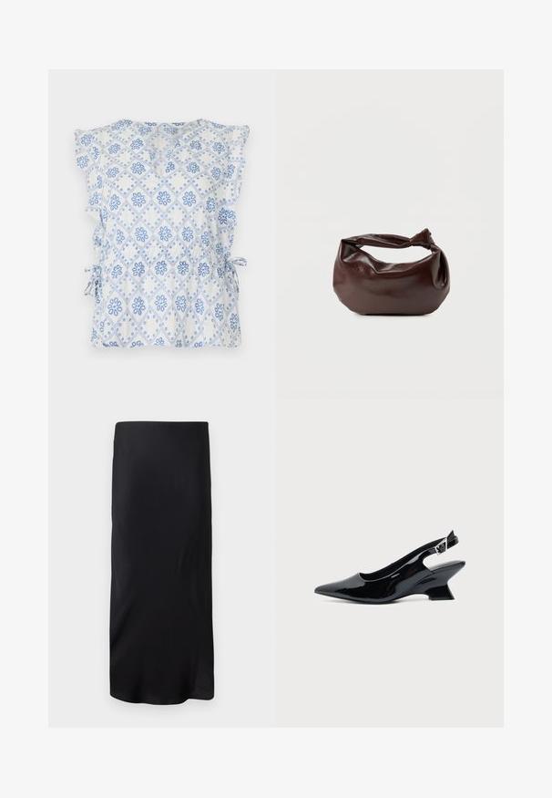Blouse blanche avec un motif de diamants floraux bleus, manches volantées et liens latéraux pour un ajustement réglable. Tissu léger avec une texture agréable.; Jupe midi noire sans manches en tissu lisse. Présente une forme droite et allongée sans motifs ni accents. Design simple et minimaliste.; Chaussure slingback en cuir verni noir avec bout pointu et petit talon bloc incliné sur fond clair uni.; Sac bandoulière en cuir marron foncé avec une forme souple et décontractée et une anse nouée torsadée sur un fond blanc uni.