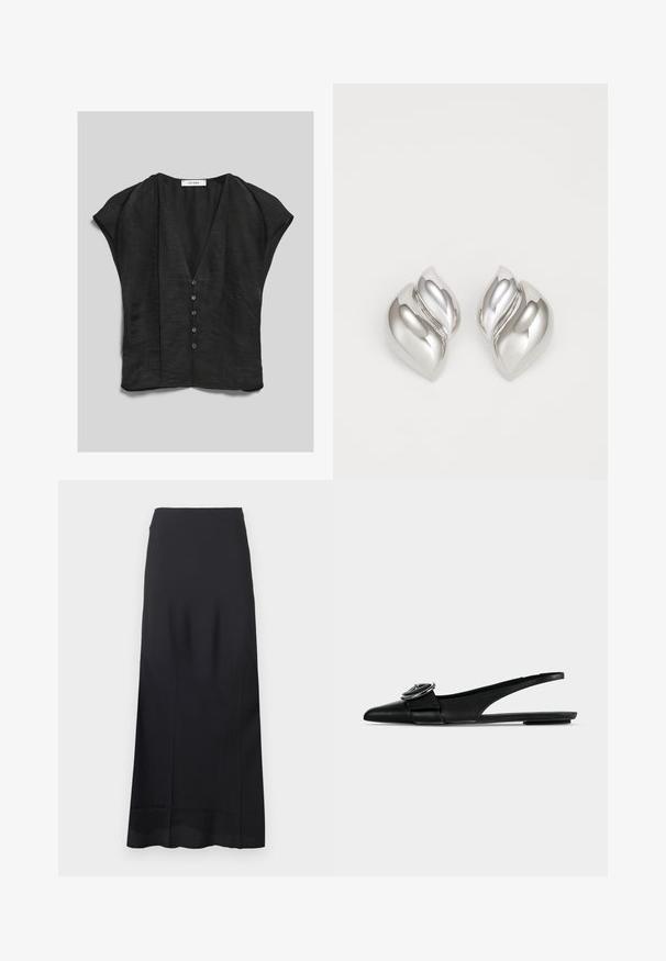 Blouse noire à manches courtes avec col en V et cinq boutons sur le devant, en tissu légèrement texturé et coupe ample.; Jupe noire longue jusqu'au sol en tissu lisse ; présente un design épuré et profilé sans motifs ni ornements supplémentaires.; Ballerine slingback en cuir noir à bout pointu, avec une large bride et une boucle métallique ronde sur le dessus.; Boucles d'oreilles en argent avec une forme organique et abstraite. Surface lisse et brillante avec un design effilé. Présente des courbes subtiles et un détail central en ligne.