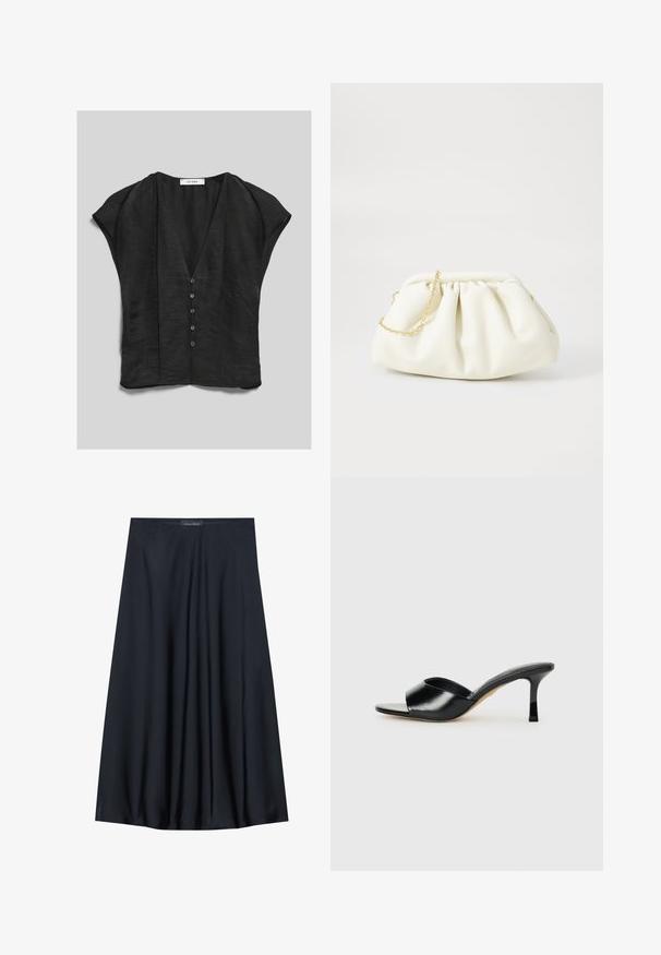 Blouse noire à manches courtes avec col en V et cinq boutons sur le devant, en tissu légèrement texturé et coupe ample.; Jupe noire, arrivant aux genoux, en tissu léger avec un design fluide. Présente une texture lisse et de subtils plis pour un détail supplémentaire.; Mules à talons hauts en cuir noir avec un design à bout ouvert et une large sangle supérieure incurvée. Texture lisse et silhouette élégante.; Sac à main en cuir blanc avec un design plissé, doté d'une bandoulière en chaîne dorée et d'une forme arrondie. Texture lisse avec des plis doux et sans motifs.