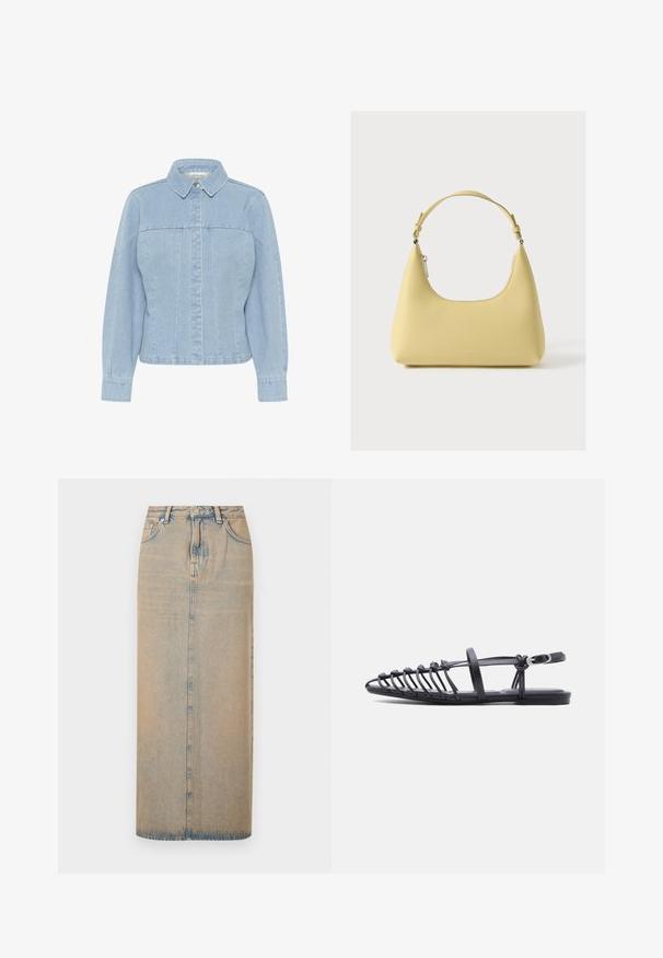 Lichtblauwe denimjack met een puntige kraag, knoopsluiting aan de voorkant, lange mouwen en verticale naaddetails. Glad textuur.; Een lange denimrok in lichtblauw met een rechte snit. Heeft vijf zakken, riemlussen en een sluiting met knopen aan de voorkant. Vervaagde textuur overal.; Zwarte platte sandaal met meerdere dunne bandjes, een enkelfiguur met gesp en een open-toe kooi-ontwerp op een witte achtergrond.; Gele leren handtas met een gebogen silhouet, korte verstelbare band en een vak met ritssluiting. Heeft een subtiel logo aan de voorkant.