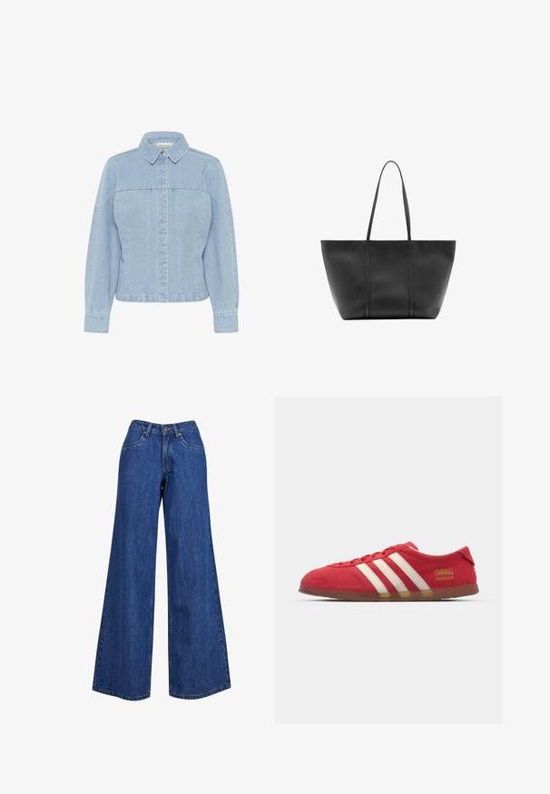 Lyseblå denimjakke med spidse kraver, frontknaplukning, lange ærmer og lodrette sømdetaljer. Glat tekstur.; Bredde ben denim jeans i mellemblå, med høj talje, kontrasterende syninger og et klassisk femlommers design.; Røde ruskinds sneakers med hvidt tre-stripes design, flad ydersål og guld logo detalje. Lavskåren design med afrundet tå og snørebåndslukning.; Sort læder tote taske med lange slanke håndtag, en tekstureret overflade og en bred åben top.