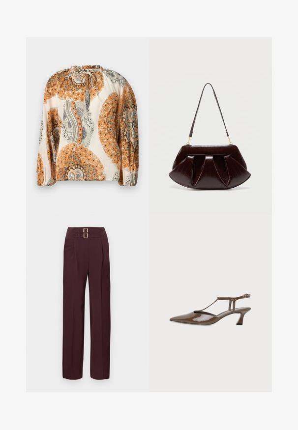 Blouse à manches longues avec encolure à cordon, présentant des motifs floraux et paisley orange, beige et gris sur un fond crème.; Pantalon taille haute de couleur bordeaux foncé avec deux sangles à boucle dorée en haut et une coupe droite.; Chaussure slingback en cuir verni marron, bout pointu, petit talon kitten, fine bride en T et fermeture à boucle à la cheville.; Sac à main en cuir marron foncé avec plis froncés, ferrures dorées et une seule bandoulière, sur un fond clair uni.
