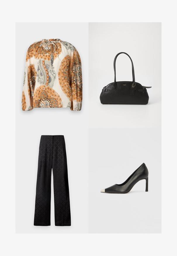 Blouse à manches longues avec encolure à cordon, présentant des motifs floraux et paisley orange, beige et gris sur un fond crème.; Pantalon large noir avec un motif ton sur ton subtil. Confectionné dans un tissu lisse avec une ceinture structurée et une coupe longue jusqu'aux pieds.; Chaussure à talon haut en cuir noir avec bout pointu et capuchon argenté métallique. Présente une finition lisse et un talon fin de 10 cm.; Sac à main en cuir noir de forme arrondie, avec deux longues poignées, des éléments en métal doré et une petite étiquette accrochée. Fermeture zippée sur le dessus.