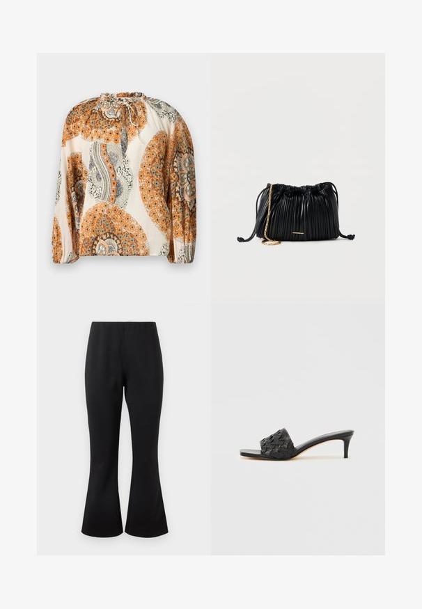 Blouse à manches longues avec encolure à cordon, présentant des motifs floraux et paisley orange, beige et gris sur un fond crème.; Pantalon évasé taille haute noir avec une partie supérieure ajustée et un ourlet large, en tissu lisse, présenté sur un fond clair uni.; Sandales à talons noirs avec une texture tissée sur la tige, design à bout ouvert et talon haut fin. Comprend une semelle intérieure en cuir lisse.; Sac à main en cuir noir plissé avec cordon de serrage, bandoulière chaîne dorée et petit accent horizontal doré sur le devant.